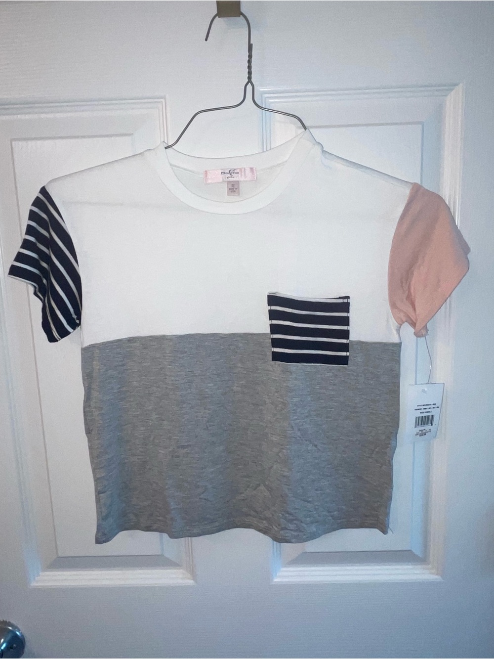 Moa Moa Girls Colorblock Short Sleeve Tee in White, Gray, Pink & Navy